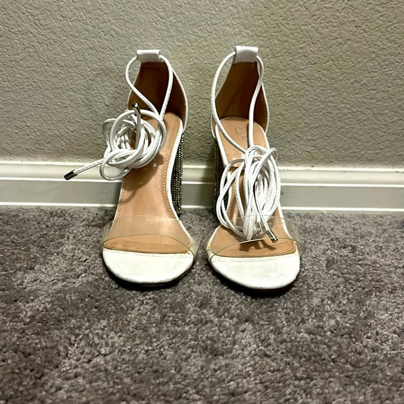 White 3 inch heels with thigh high laces and rhinestones - Picture 1 of 2